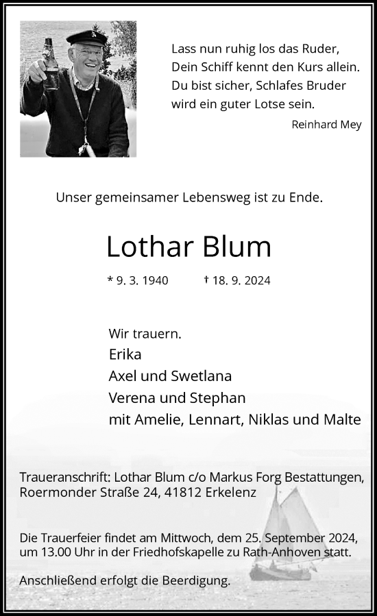 Traueranzeige von Lothar Blum von Rheinische Post