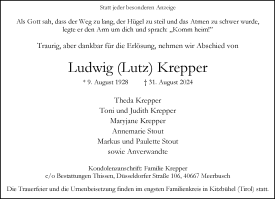 Traueranzeige von Ludwig Krepper von Rheinische Post