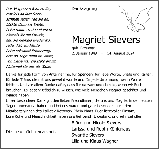 Traueranzeige von Magriet Sievers von Rheinische Post