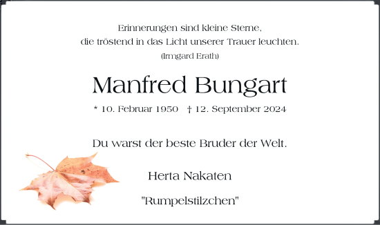 Traueranzeige von Manfred Bungart von Rheinische Post