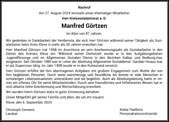 Traueranzeige von Manfred Görtzen von Rheinische Post