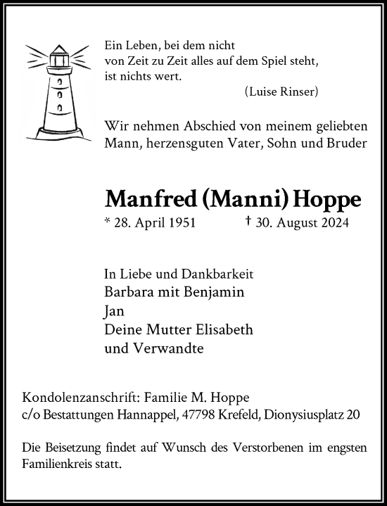 Traueranzeige von Manfred Hoppe von Rheinische Post