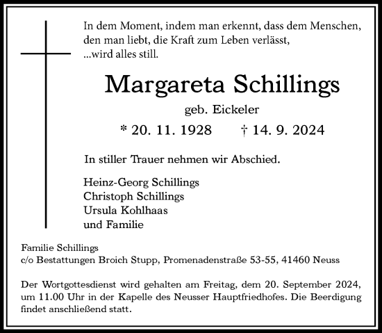 Traueranzeige von Margareta Schillings von Rheinische Post