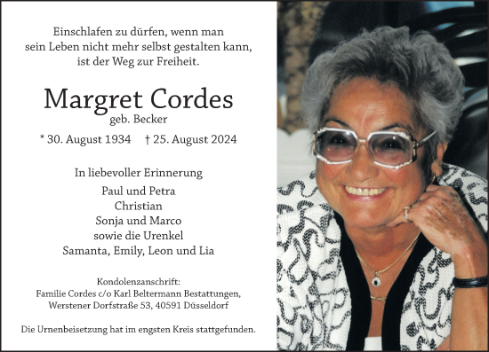 Traueranzeige von Margret Cordes von Rheinische Post