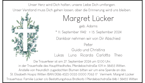 Traueranzeige von Margret Lücker von Rheinische Post