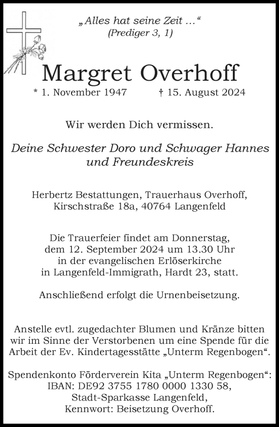 Traueranzeige von Margret Overhoff von Rheinische Post