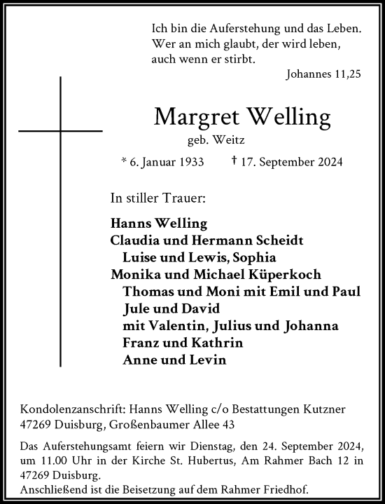 Traueranzeige von Margret Welling von Rheinische Post