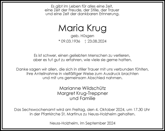 Traueranzeige von Maria Krug von Rheinische Post