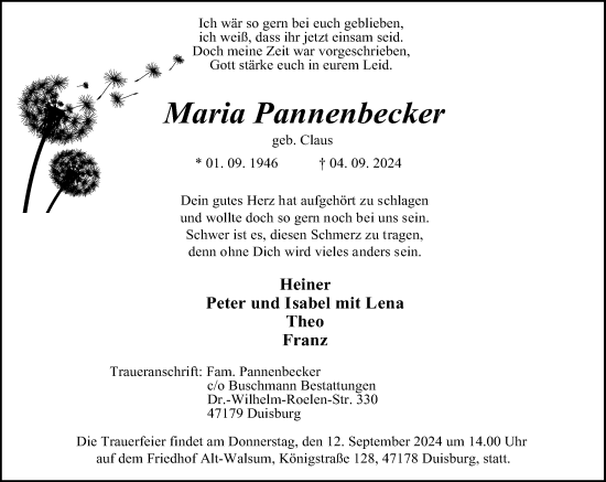 Traueranzeige von Maria Pannenbecker von Rheinische Post