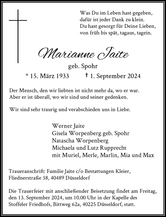 Traueranzeige von Marianne Jaite von Rheinische Post