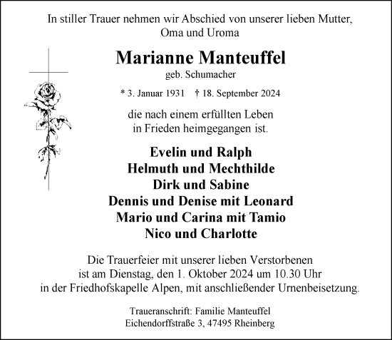 Traueranzeige von Marianne Manteuffel von Rheinische Post