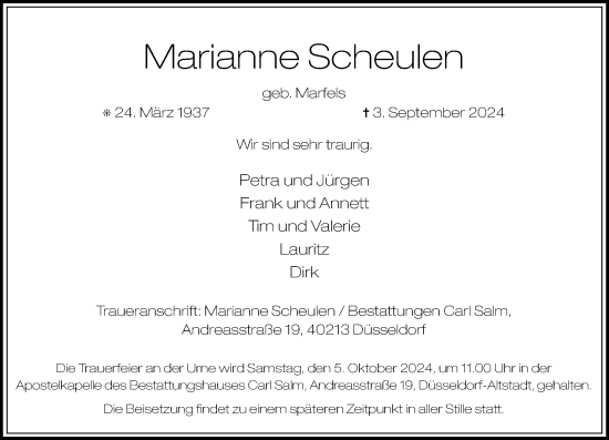 Traueranzeige von Marianne Scheulen von Rheinische Post