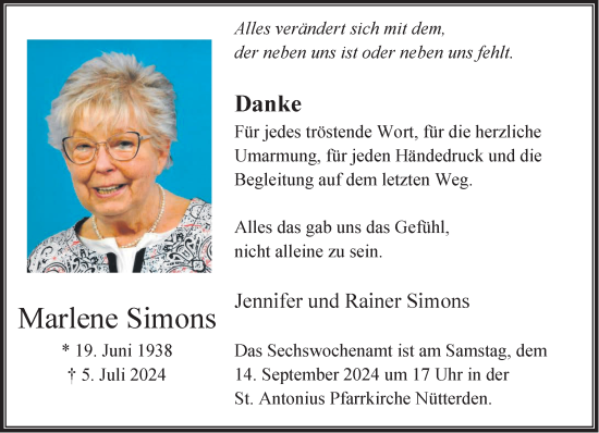 Traueranzeige von Marlene Simons von Rheinische Post