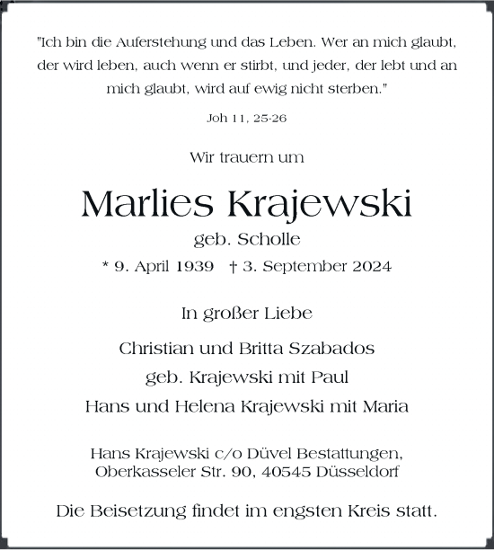 Traueranzeige von Marlies Krajewski von Rheinische Post