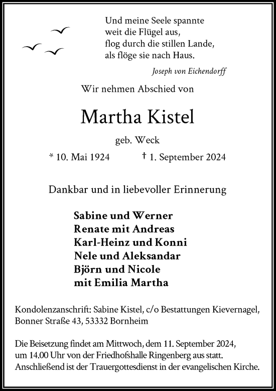 Traueranzeige von Martha Kistel von Rheinische Post