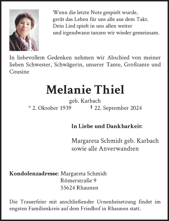 Traueranzeige von Melanie Thiel von Rheinische Post