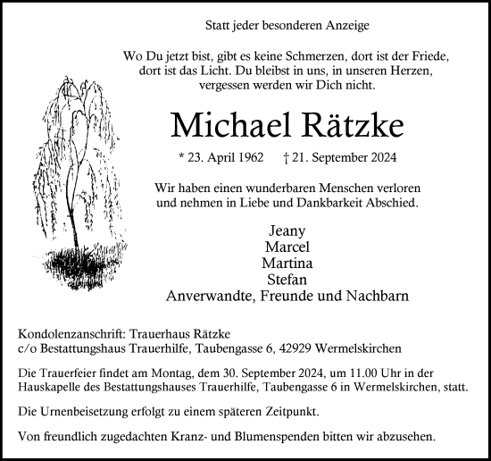 Traueranzeige von Michael Rätzke von Rheinische Post