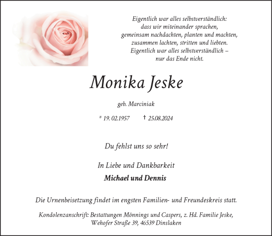 Traueranzeige von Monika Jeske von Rheinische Post