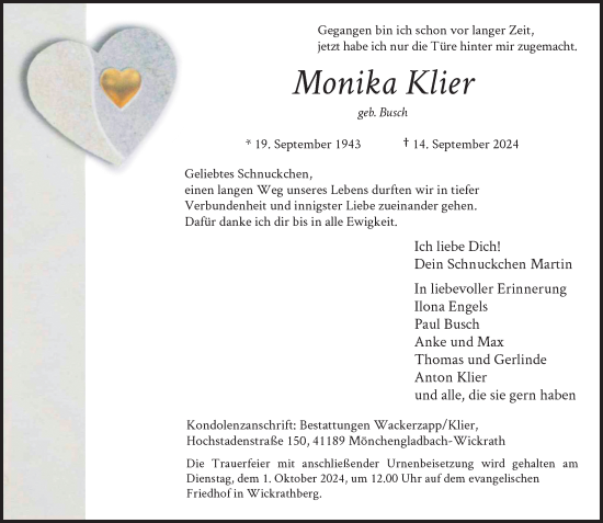 Traueranzeige von Monika Klier von Rheinische Post