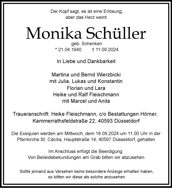 Traueranzeige von Monika Schüller von Rheinische Post