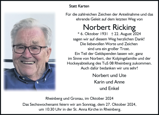 Traueranzeige von Norbert Ricking von Rheinische Post