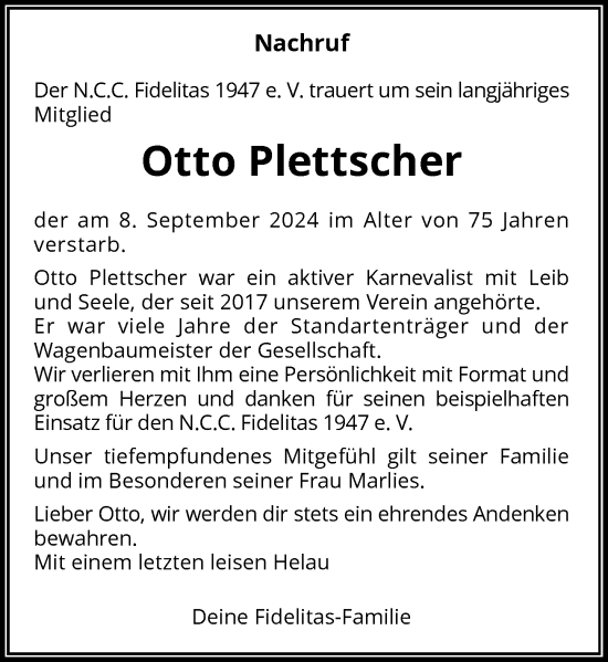 Traueranzeige von Otto Plettscher von Rheinische Post