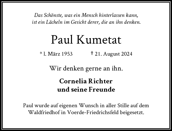 Traueranzeige von Paul Kumetat von Rheinische Post