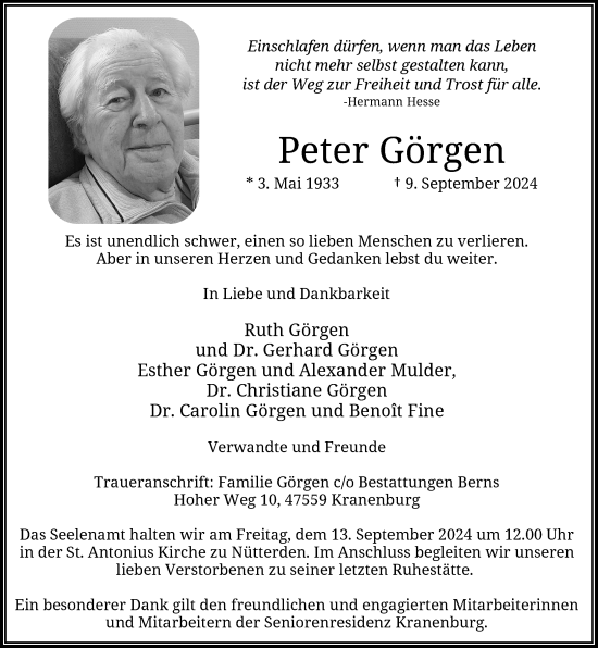 Traueranzeige von Peter Görgen von Rheinische Post