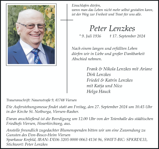 Traueranzeige von Peter Lenzkes von Rheinische Post