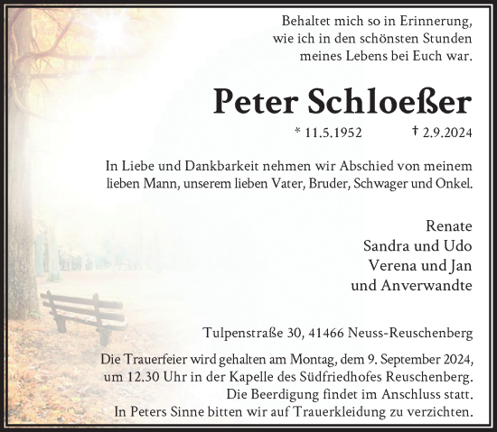 Traueranzeige von Peter Schloeßer von Rheinische Post