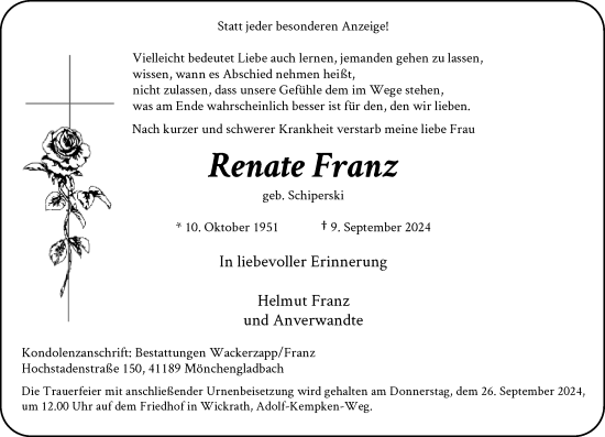 Traueranzeige von Renate Franz von Rheinische Post