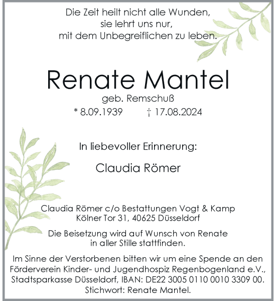 Traueranzeige von Renate Mantel von Rheinische Post