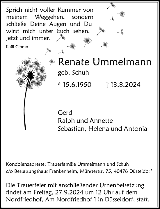 Traueranzeige von Renate Ummelmann von Rheinische Post