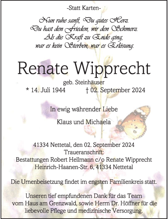 Traueranzeige von Renate Wipprecht von Rheinische Post