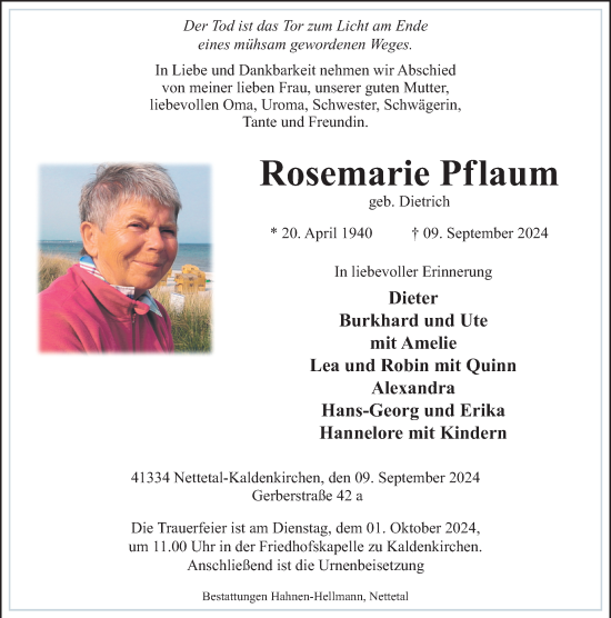 Traueranzeige von Rosemarie Pflaum von Rheinische Post