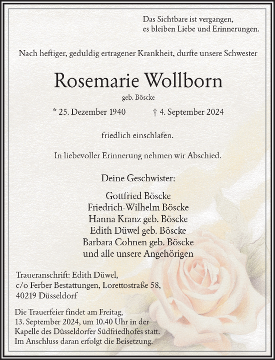 Traueranzeige von Rosemarie Wollborn von Rheinische Post