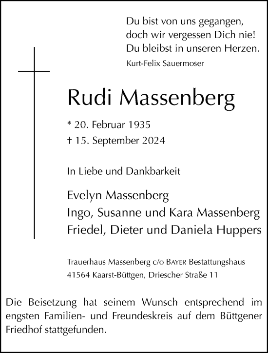 Traueranzeige von Rudi Massenberg von Rheinische Post