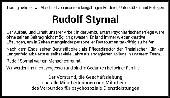 Traueranzeige von Rudolf Styrnal von Rheinische Post