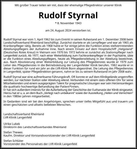 Traueranzeige von Rudolf Styrnal von Rheinische Post