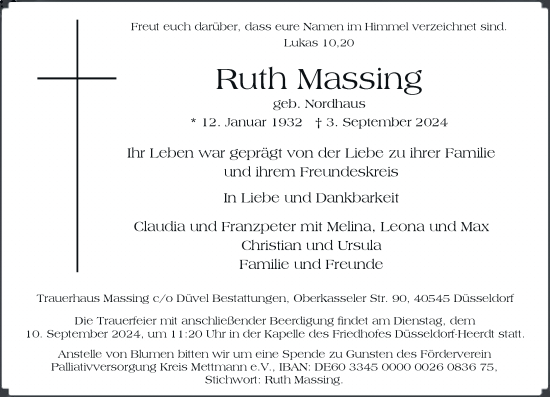 Traueranzeige von Ruth Massing von Rheinische Post