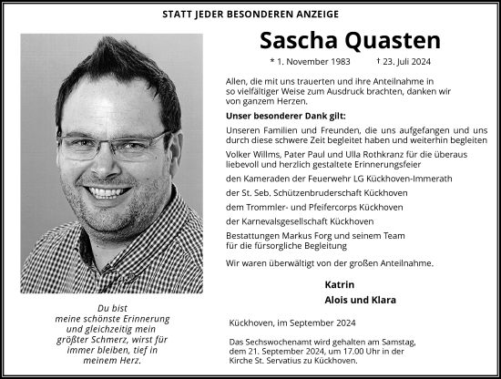 Traueranzeige von Sascha Quasten von Rheinische Post