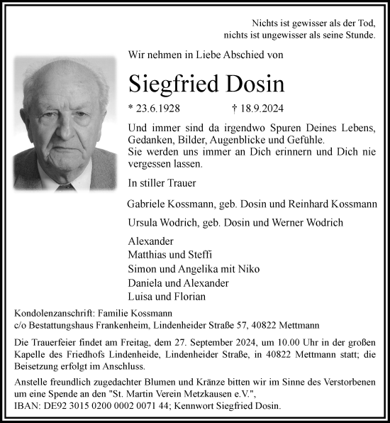 Traueranzeige von Siegfried Dosin von Rheinische Post