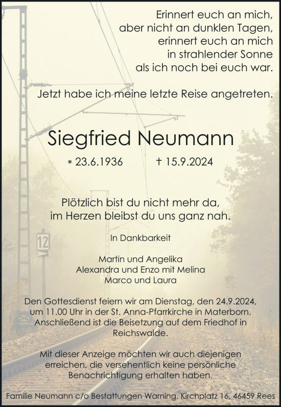 Traueranzeige von Siegfried Neumann von Rheinische Post