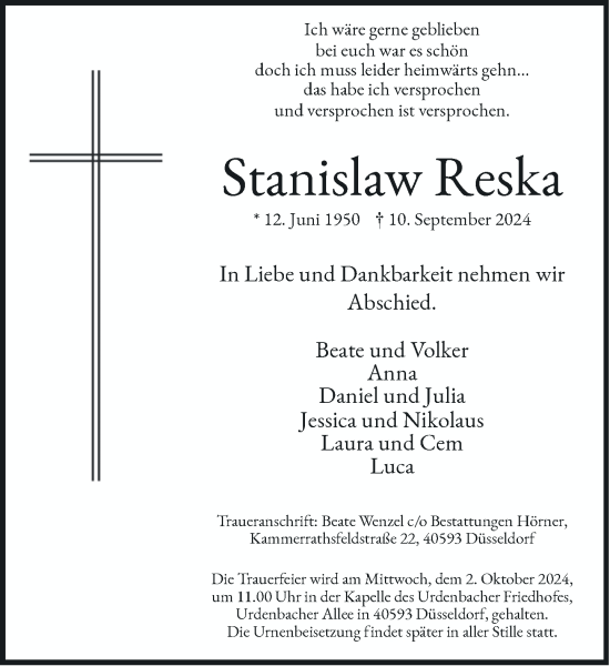 Traueranzeige von Stanislaw Reska von Rheinische Post