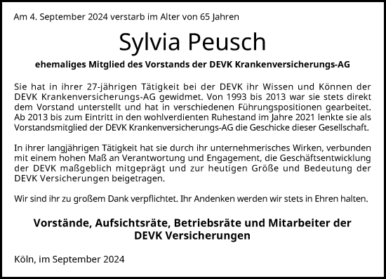 Traueranzeige von Sylvia Peusch von Rheinische Post