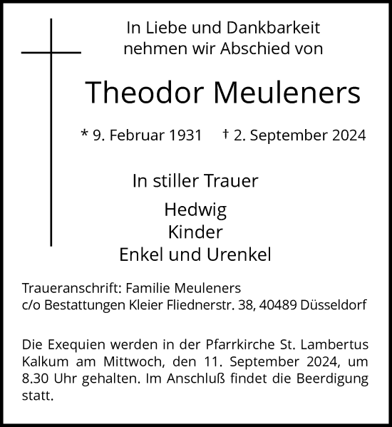 Traueranzeige von Theodor Meuleners von Rheinische Post