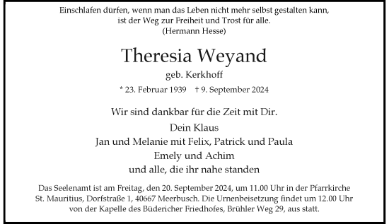 Traueranzeige von Theresia Weyand von Rheinische Post