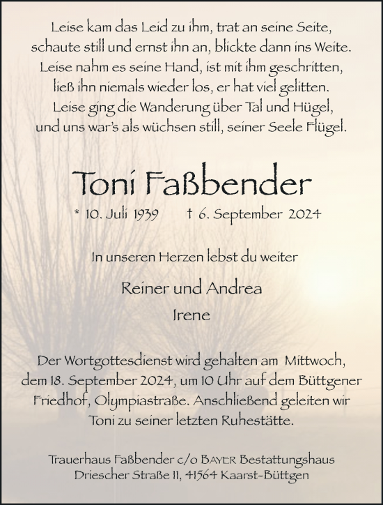 Traueranzeige von Toni Faßbender von Rheinische Post