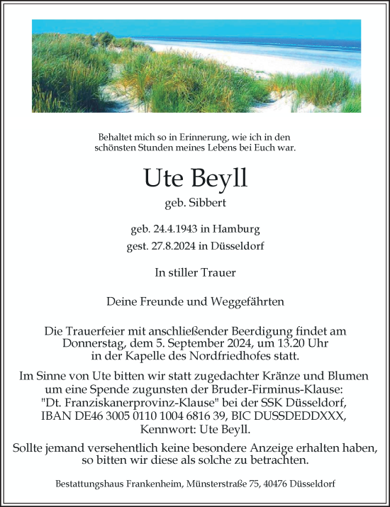 Traueranzeige von Ute Beyll von Rheinische Post