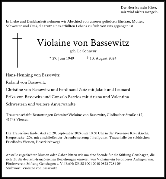 Traueranzeige von Violaine von Bassewitz von Rheinische Post